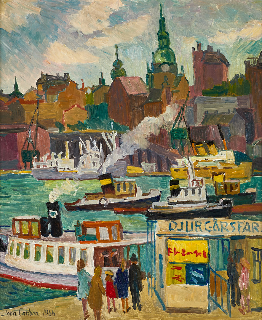 JOHN CARLSON (1896–1979). Djurgårdsfärjan - Stockholm, signerad och daterad 1966, olja på pannå.
