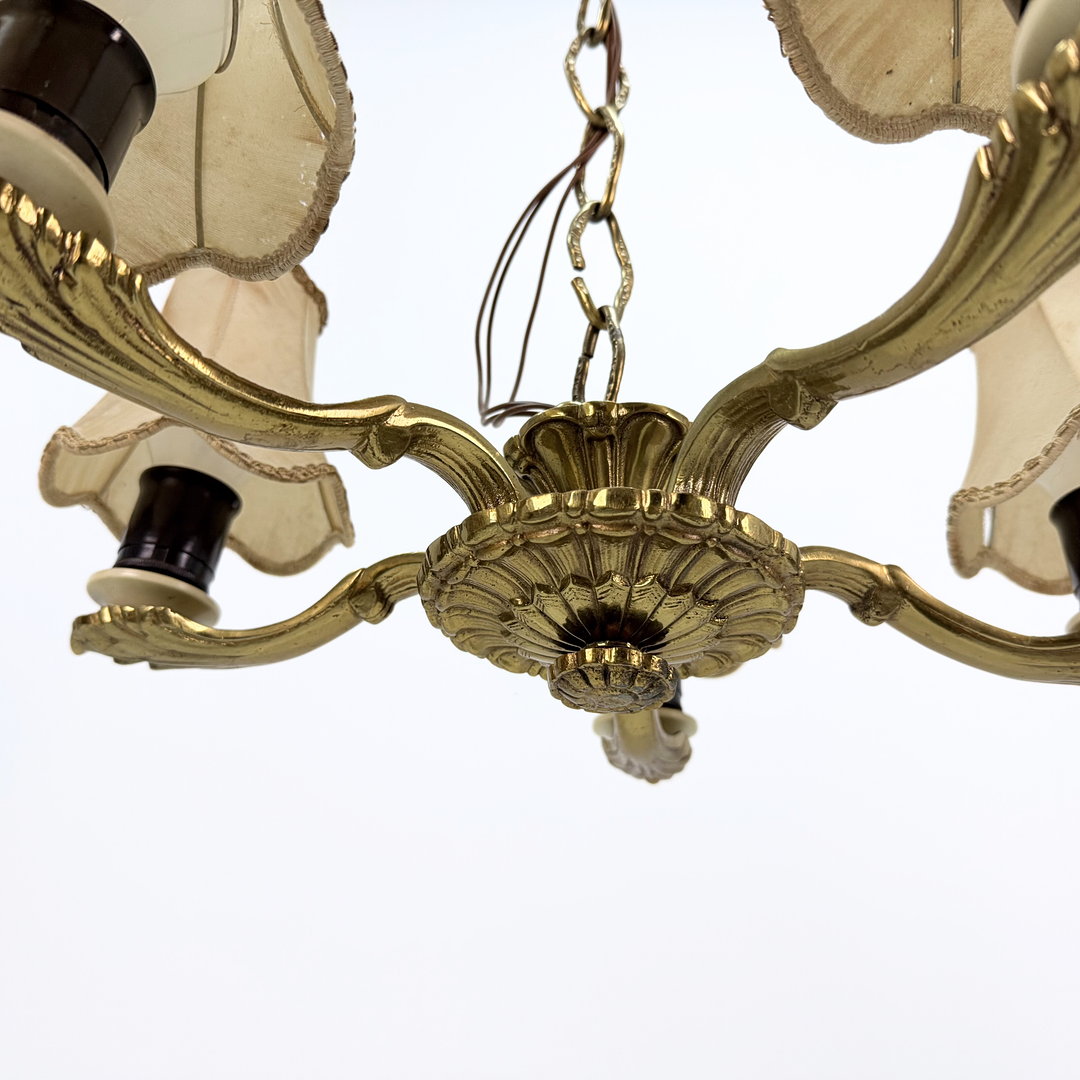 TAKLAMPA, 5 armad, mässing 1900 talets första hälft.
