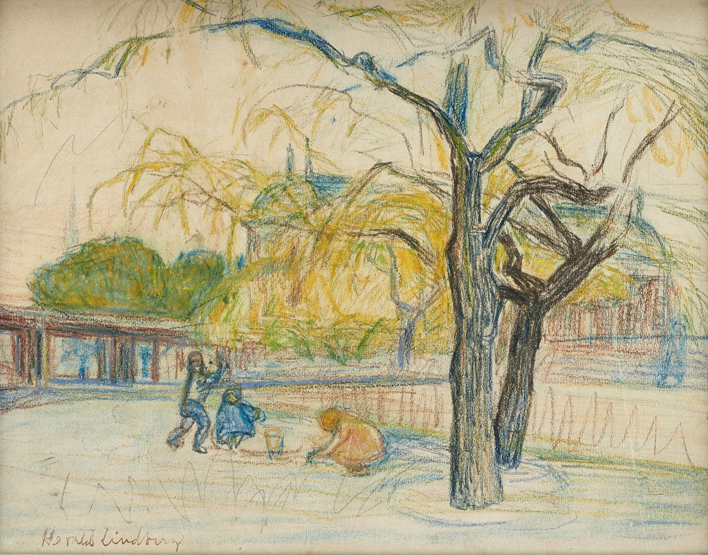 HARALD LINDBERG (1901-1976), Vid Riddarholmskanalen - lekande barn, vy över Riddarhuset, signerad, färgkrita.