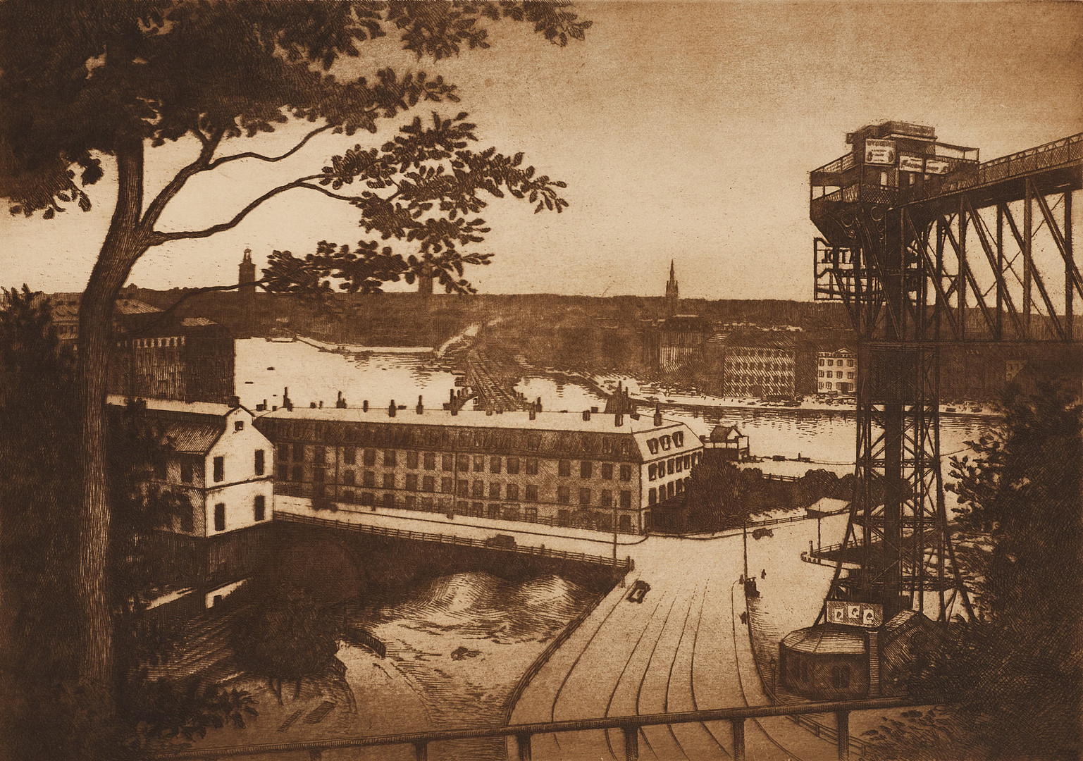 JEAN SKOGLUND (1908–1948). Stockholm från Mosebacke, motiv med Katarinahissen, signerad, etsning.