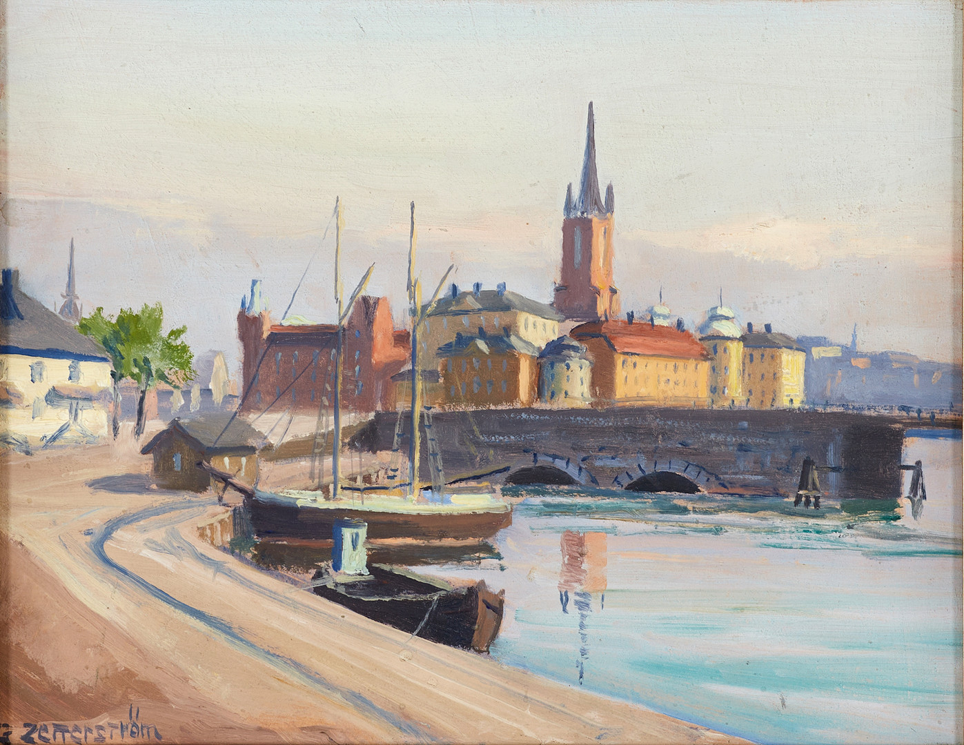 GUNNAR ZETTERSTRÖM (1902-1965). Vy över Riddarholmen, signerad G. Zetterström, olja på pannå.