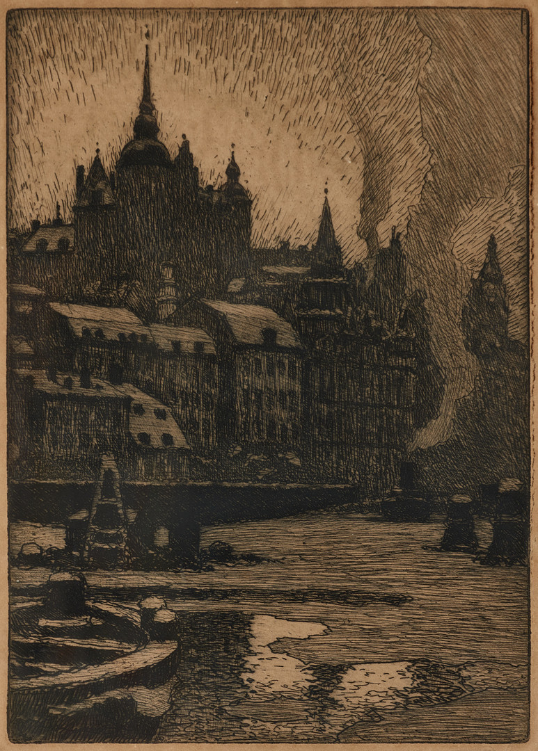 FERDINAND BOBERG (1860-1946), 2 st, Stockholmsmotiv: Södermälarstrand resp. Carl XII - Kungsträdgården, etsningar.