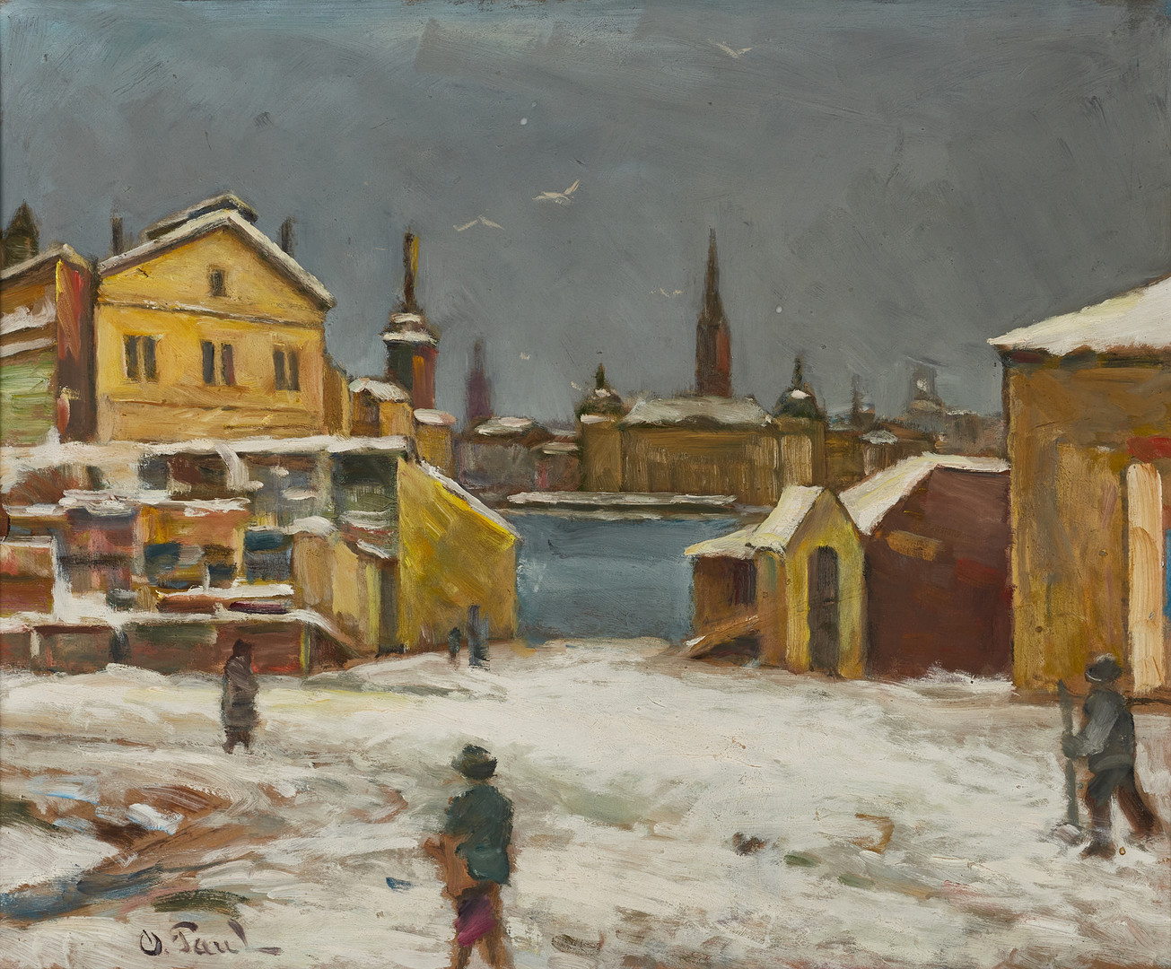 OSCAR PAUL (1880-1961). Vintergata i Stockholm, signerad O. Paul, olja på pannå.