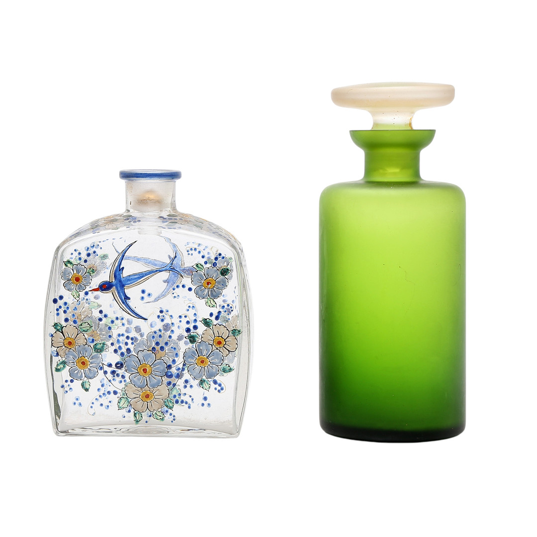 Catalan enamelled glass bottle and decanter with stopper, circa 1950-1970.