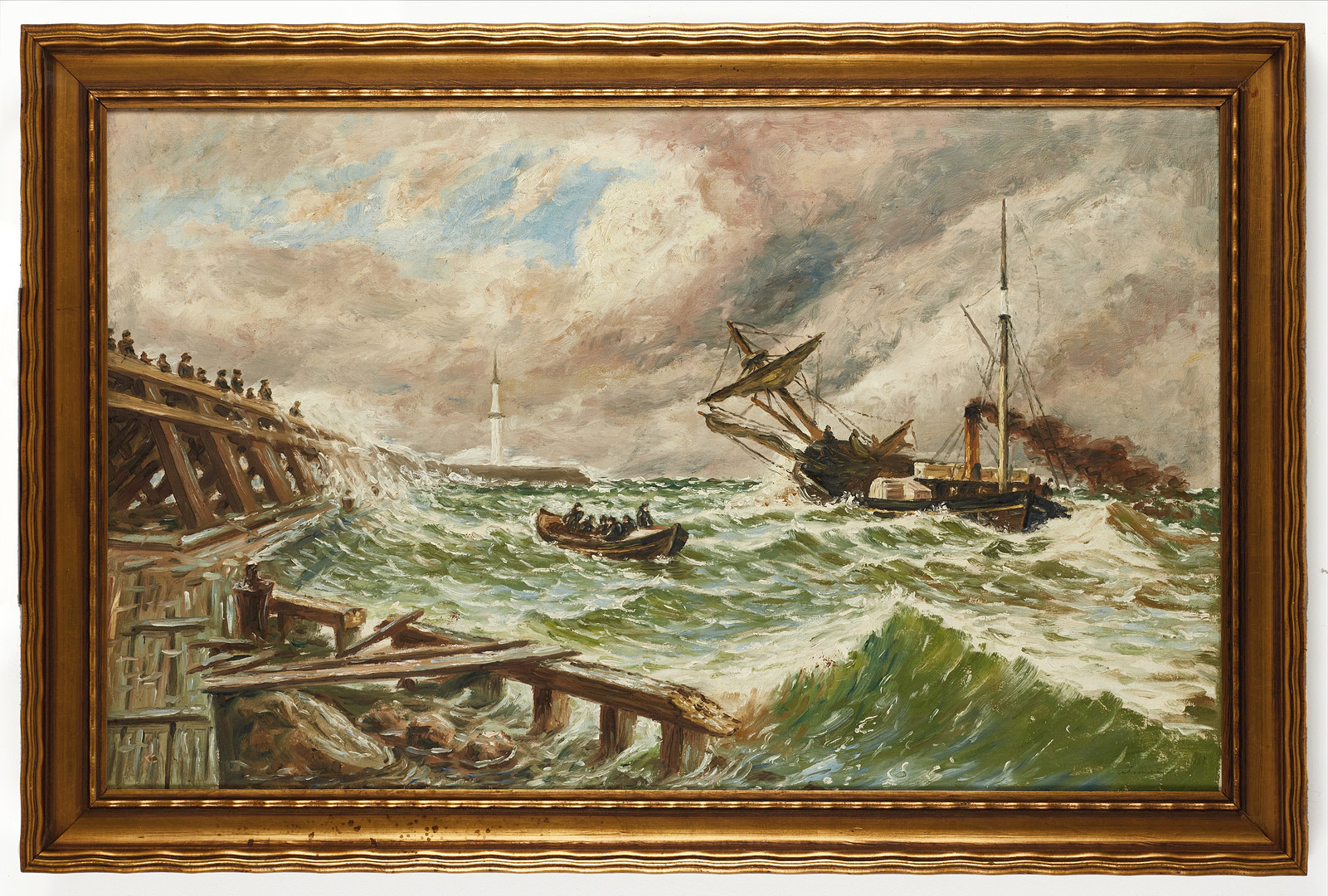 OIDENTIFIERAD KONSTNÄR (England). Båtar vid ett stormigt Calais Harbour, signerad, olja på duk.