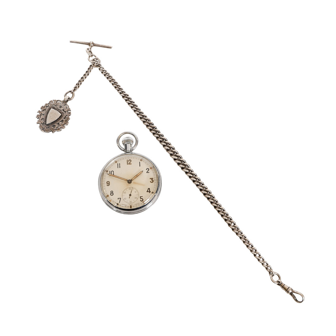 A W.WII GENERAL SERVICE POCKET WATCH TOGETHER WITH A SILVER T-BAR AND CHAIN (2).