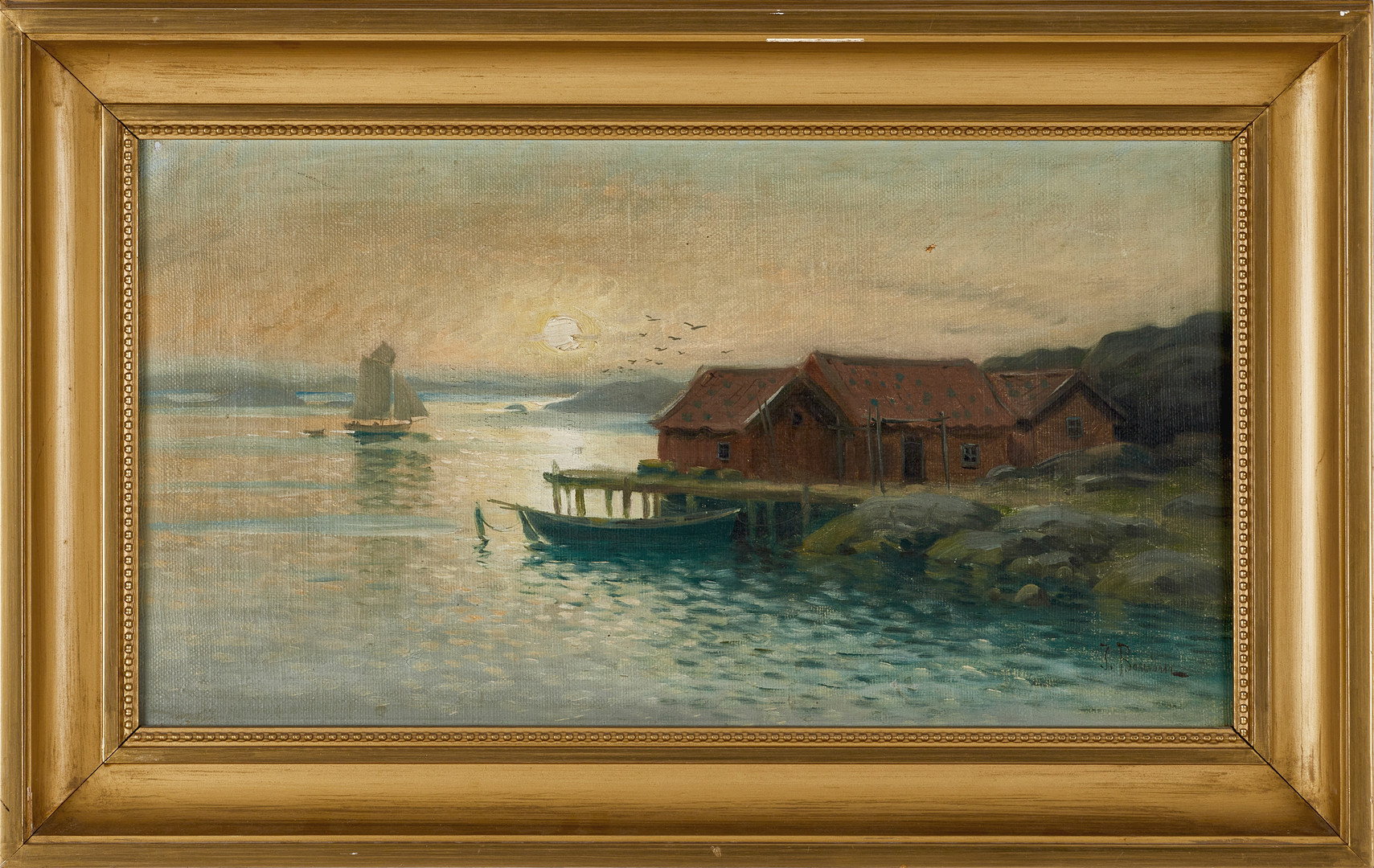 JOHAN BOSTRÖM. Solnedgång vid skärgård, signerad, olja på duk, omkring 1900.
