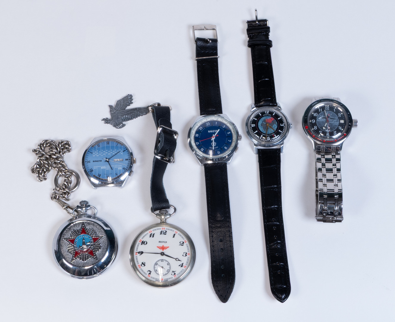 Sex stycken ryska/sovjetiska ur; 4 st armbandsur, bla Raketa, Vostok, fickur 2 st., Molnja.
