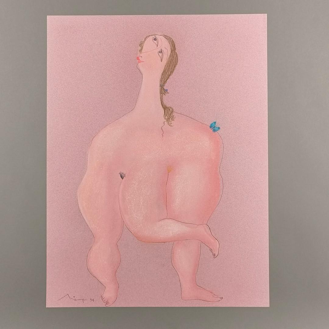 MAIOFIS, MIKHAIL. surrealistische Frauenfigur mit Schmetterling, 1994, Pastellzeichnung auf roséfarbenem Tonpapier.