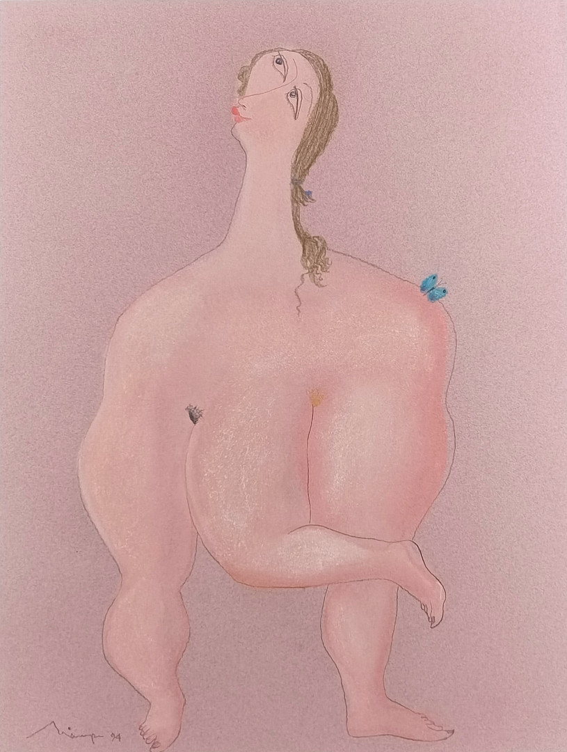 MAIOFIS, MIKHAIL. surrealistische Frauenfigur mit Schmetterling, 1994, Pastellzeichnung auf roséfarbenem Tonpapier.