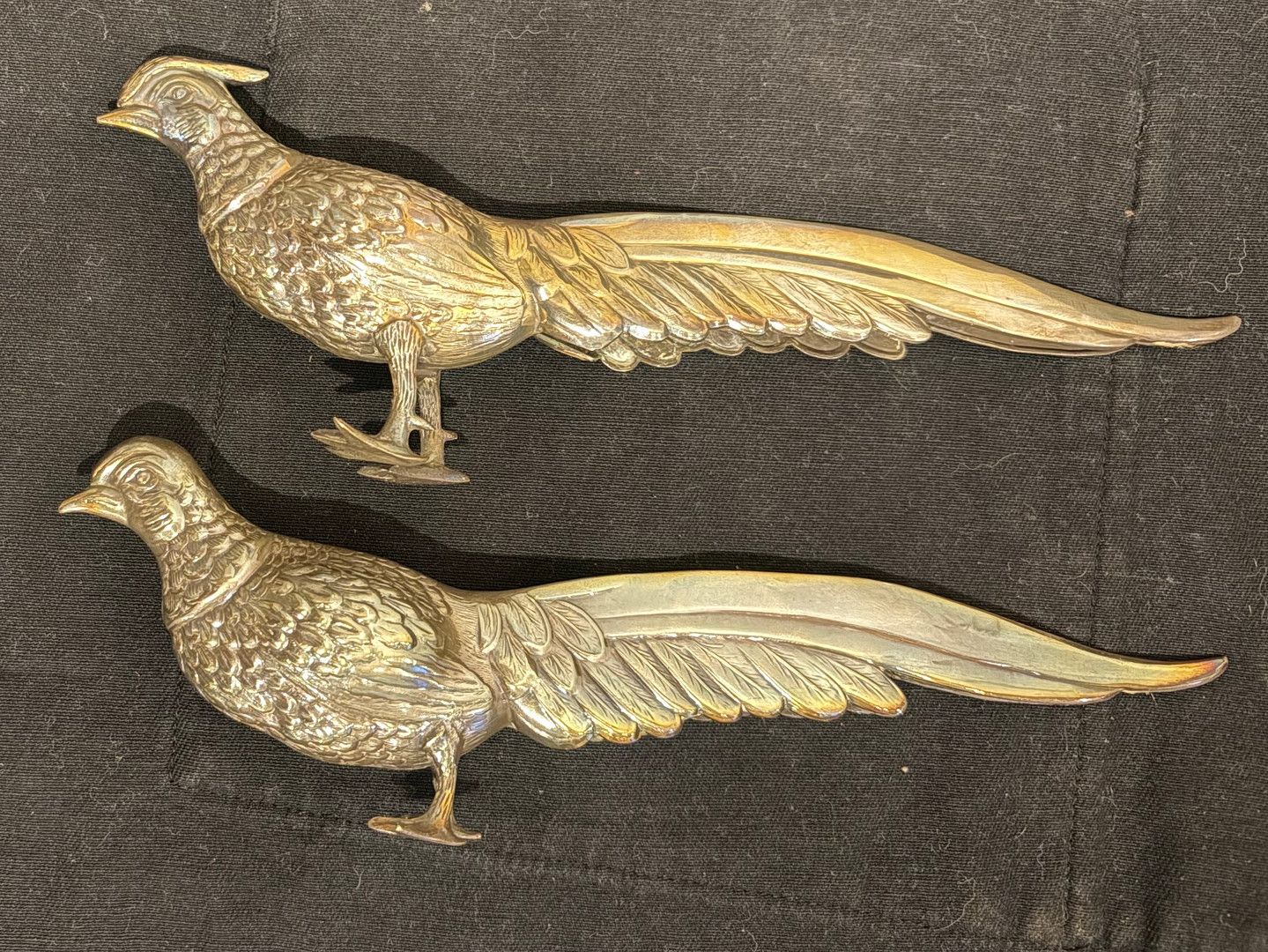 Pair of pheasants in silvery metal, mid 20th Century.