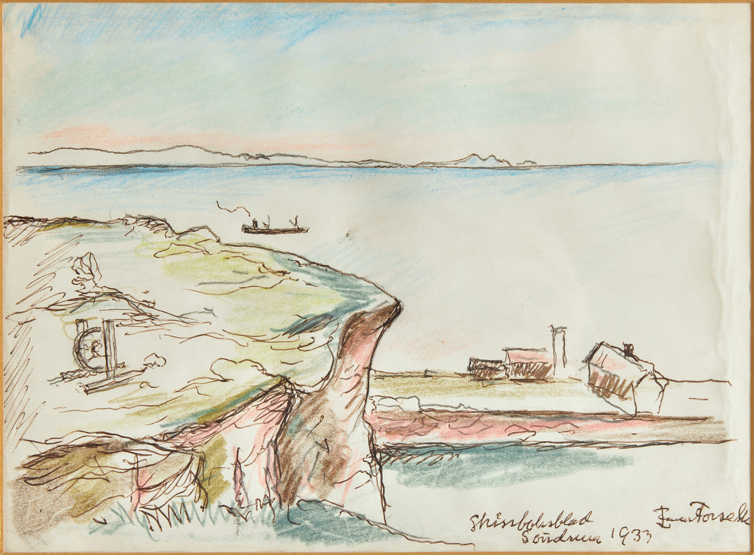 EINAR FORSETH (1892-1988), Fartyg vid "Söndrum" (Halmstad), skissboksblad, signerad och daterad 1933, blandteknik.