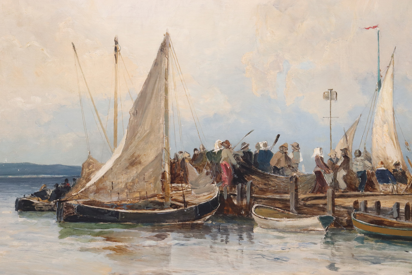 ADOLF NORDLING. olja på duk, fiskhandel i hamn.