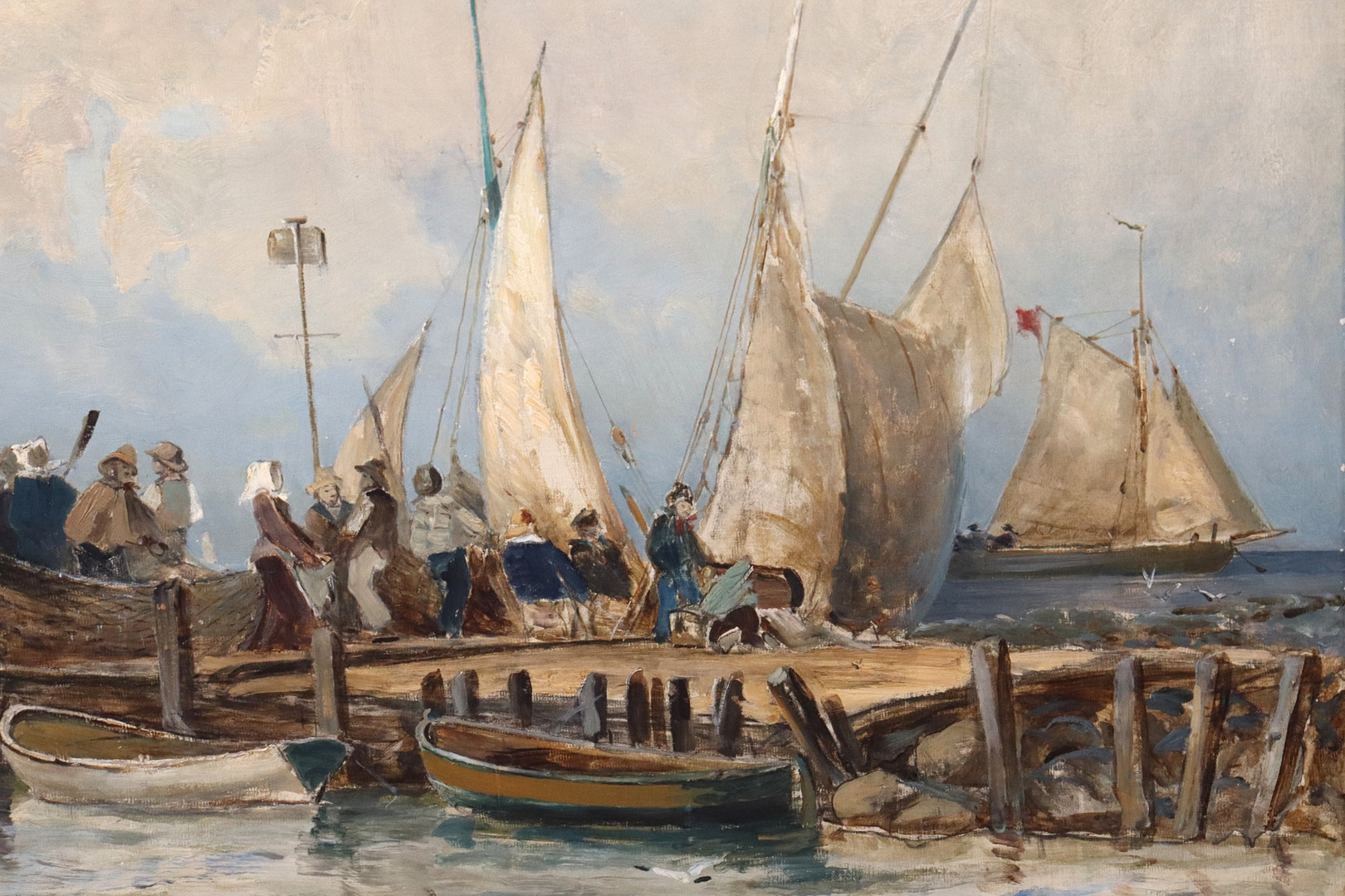 ADOLF NORDLING. olja på duk, fiskhandel i hamn.