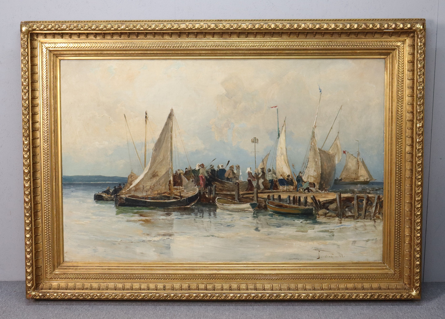 ADOLF NORDLING. olja på duk, fiskhandel i hamn.