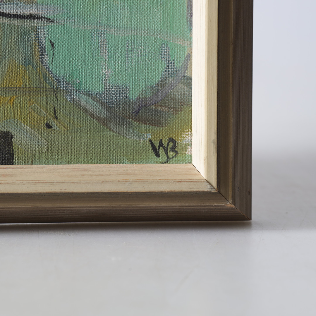 OIDENTIFIERAD KONSTNÄR. Metande man vid bro, olja på duk, monogramsignerad.