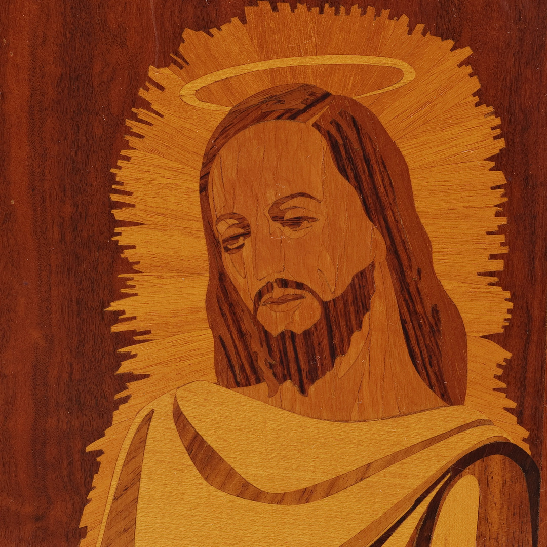 TAVLA, Intarsia, porträtt av Jesus, 1900-tal.