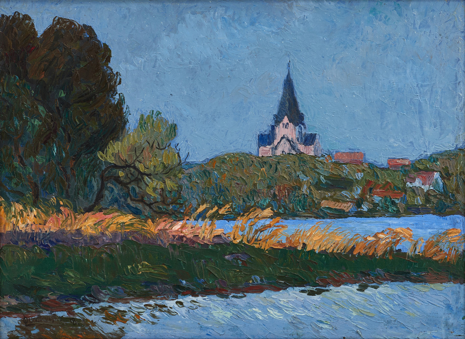 OSCAR LUNDQVIST (1900-tal), Sofia kyrka - "Från Hammarby sjö", signerad och daterad -18, olja på duk.