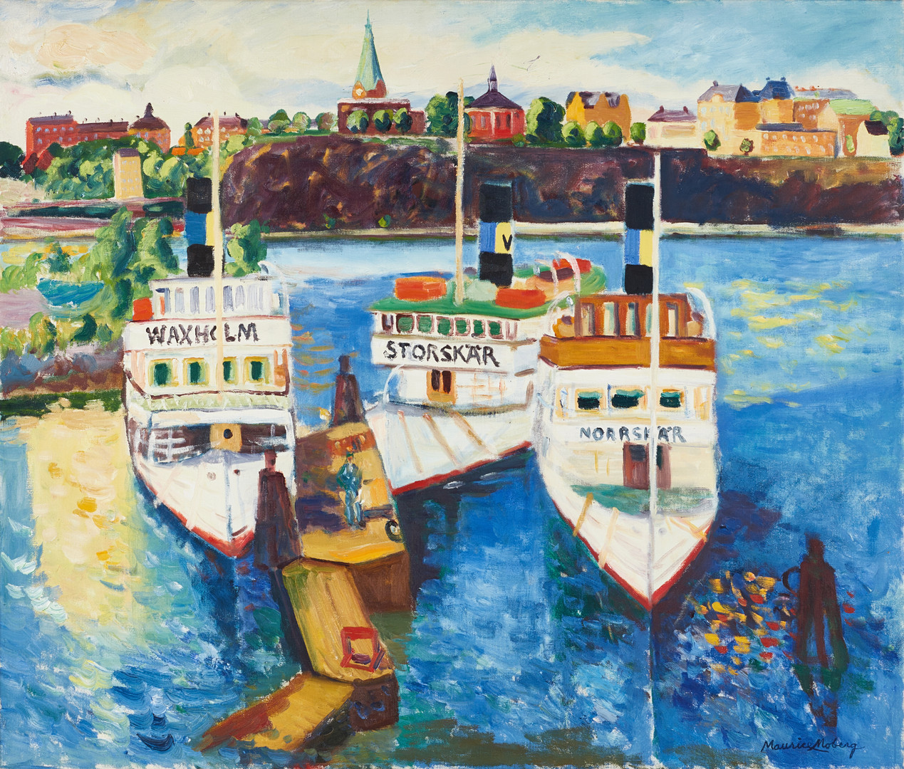 MAURICE MOBERG (1923–2014). Stockholmsmotiv med skärgårdsbåtar, signerad, olja på duk.