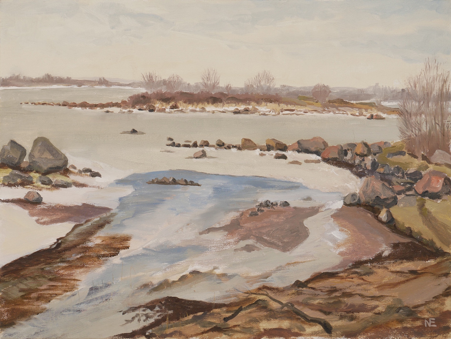 OIDENTIFIERAD KONSTNÄR. "Islossning i Dragsö sund", olja på duk, signerad NE.