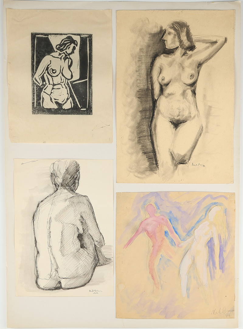 NIELS MANDRUP BRUUN (1918-93). Modelstudier, akvarel, kul, linoleumssnit og tusch, delvis signerede.