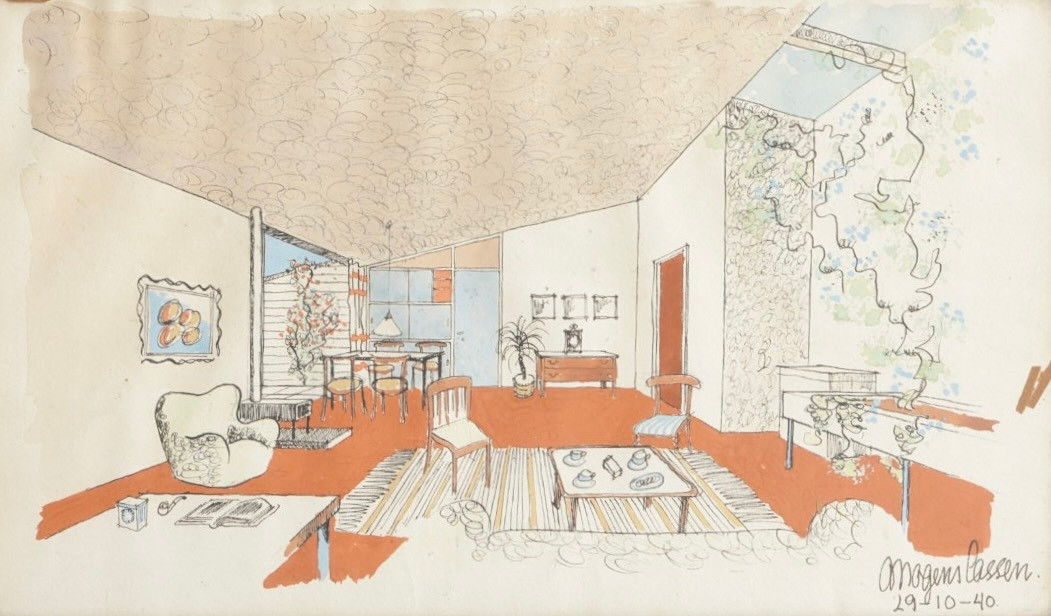 MOGENS LASSEN. Akvarel og pen på papir. Interiørbillede af hans eget arkitektstegnede hus. Billedet viser bl.a. den trætte mand, stolen. Signeret og dateret. Danmark.