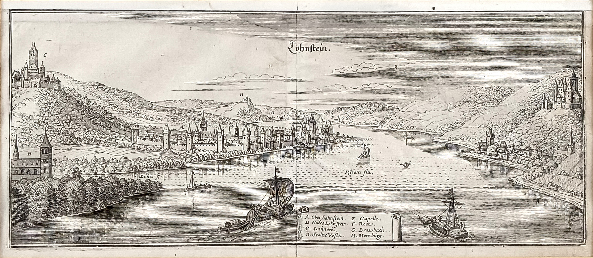MERIAN, MATTHÄUS. "Lohnstein" (Lahnstein), Kupferstich aus „Topographia Archiepiscopatuum Moguntinensis, Treuirensis et Coloniensis“.