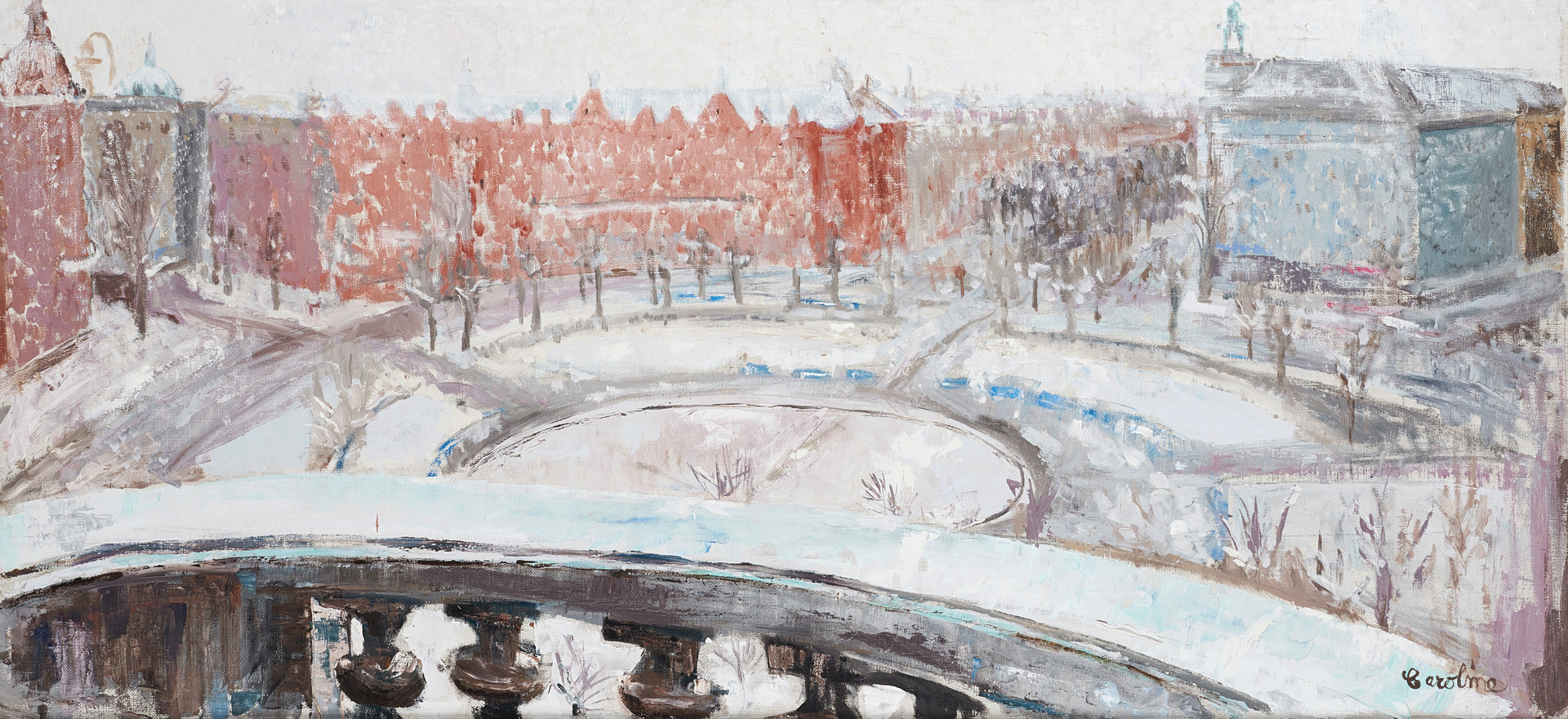 CAROLINE GRINDA-CHRISTENSEN (född 1925): Vy över Karlaplan-Stockholm, signerad Caroline, olja på duk.