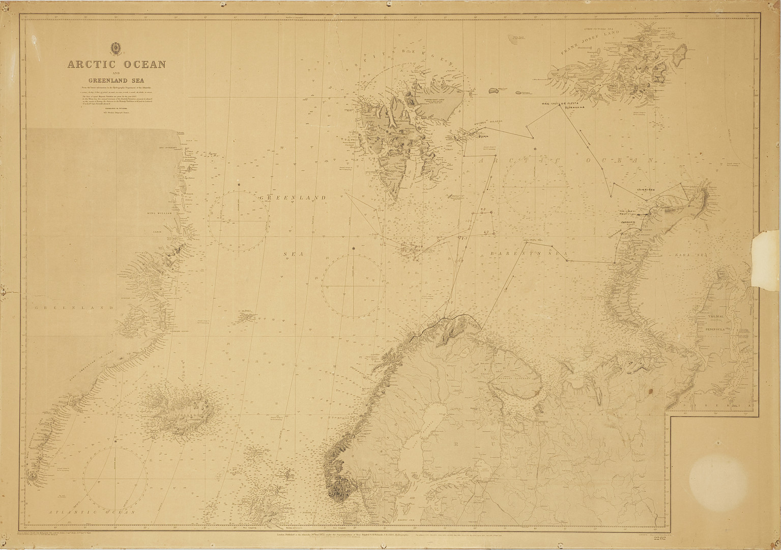 FILMFOTOGRAF AXEL GEORG LINDBLOMS SJÖKORT, "Artic Ocean", Greenland Sea, från en filmexpedition 1920, uppklistad på pannå.