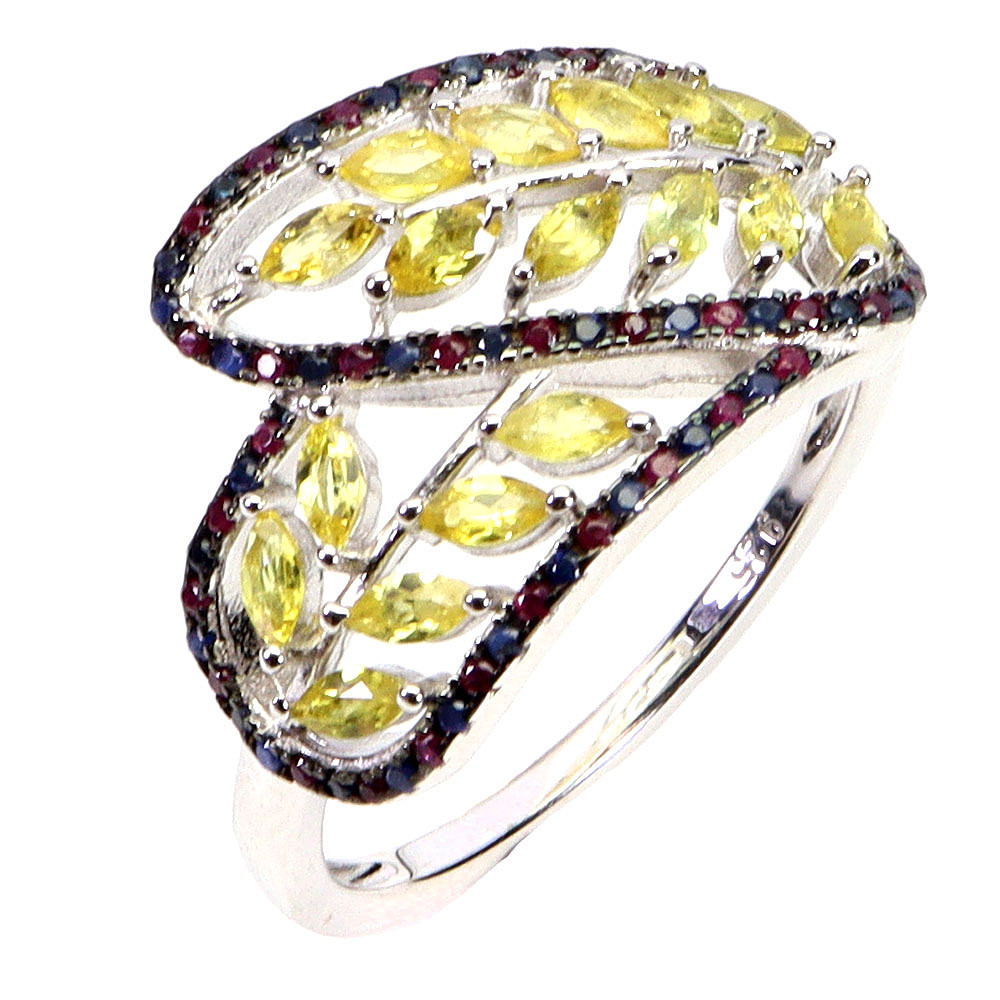 SILVER SAPPHIRE AND RUBY RING.