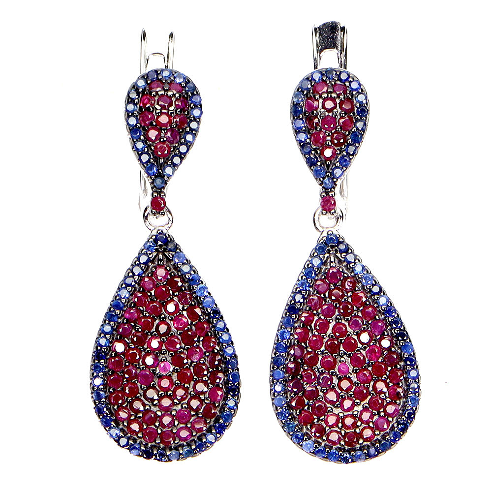 SILVER SAPPHIRE AND RUBY DROP EARRINGS.