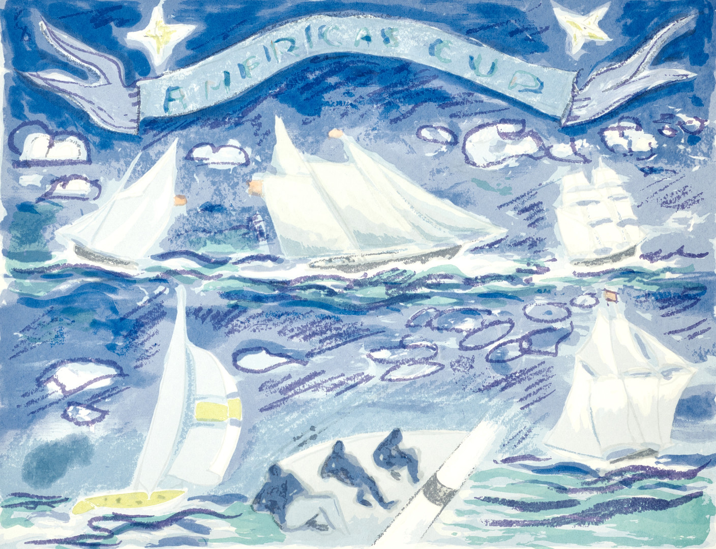 GÖSTA WERNER (1909–1989). ”Americas Cup”, signerad och numrerad 7/300, färglitografi.