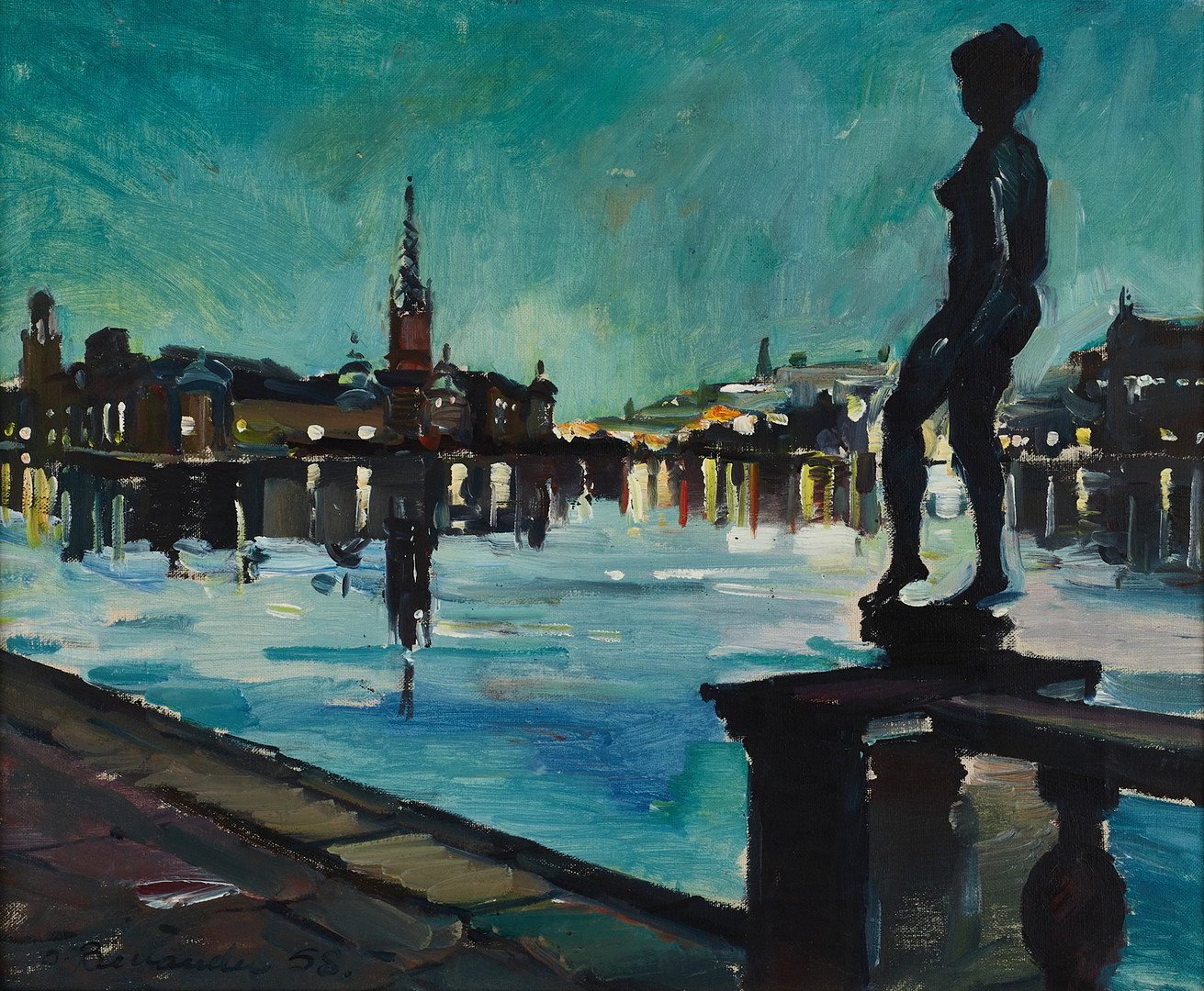 OLOF BERNANDER. Vy mot Riddarholmen, signerad och daterad -58, olja på duk.