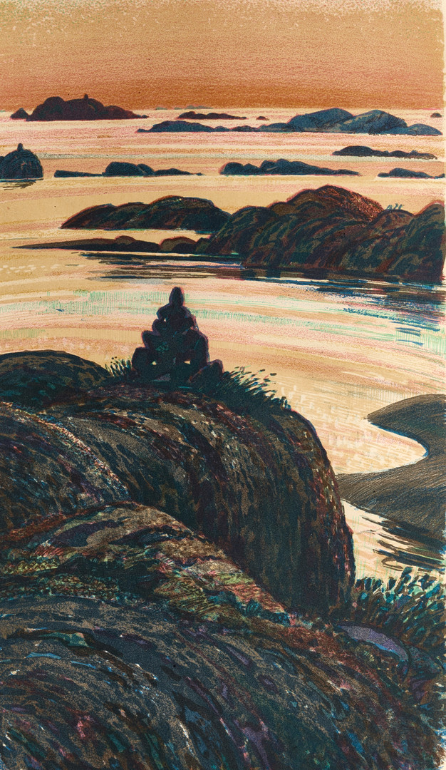 ROLAND SVENSSON (1910–2003). "Sommarnatt i storskärgår'n" ("Vårkväll Stora Nassa"), signerad, provtryck.
