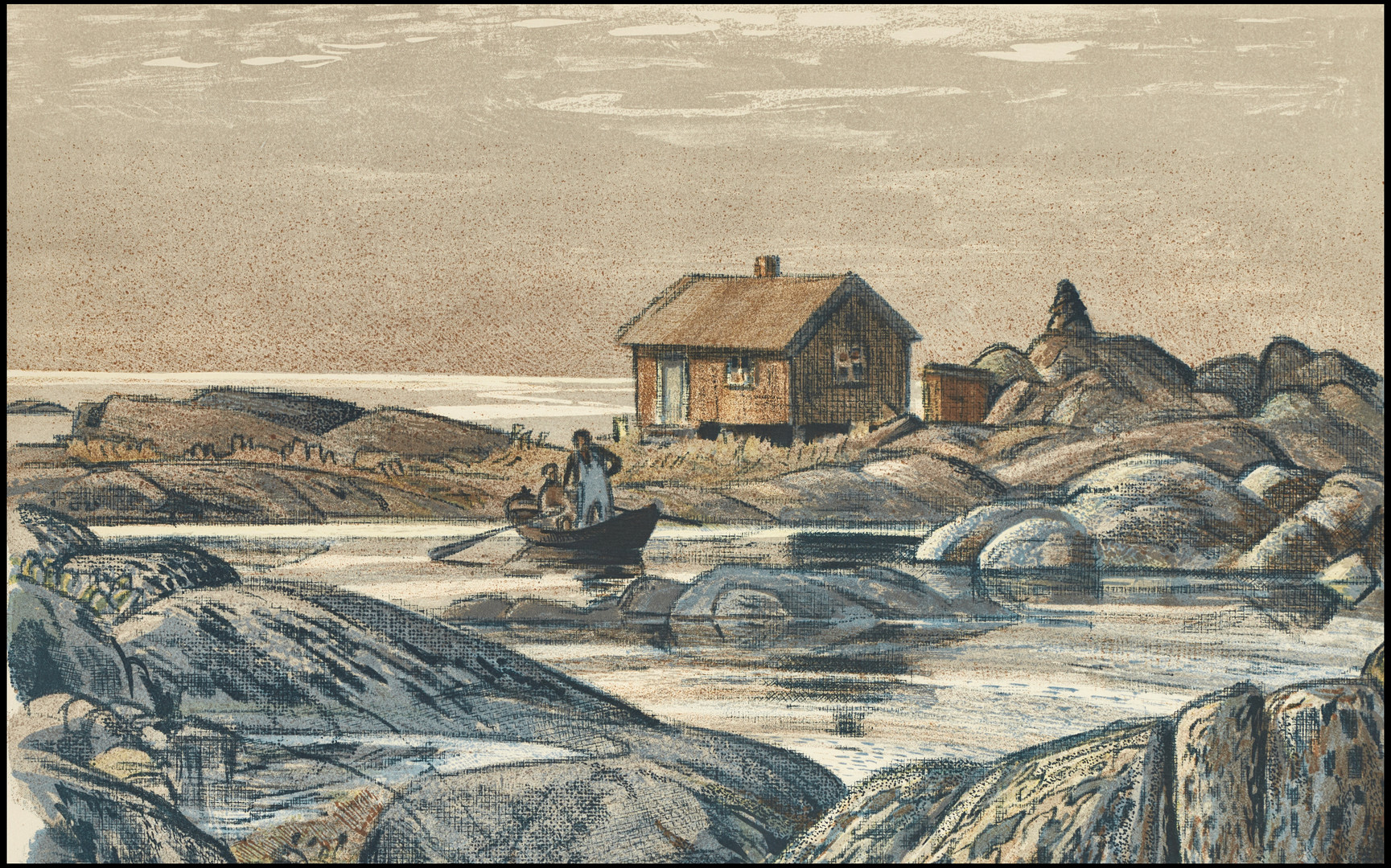 ROLAND SVENSSON (1910-2003), ”Nätbåten, Gillöga", signerad och numrerad roland S. 205/250, färglitografi.