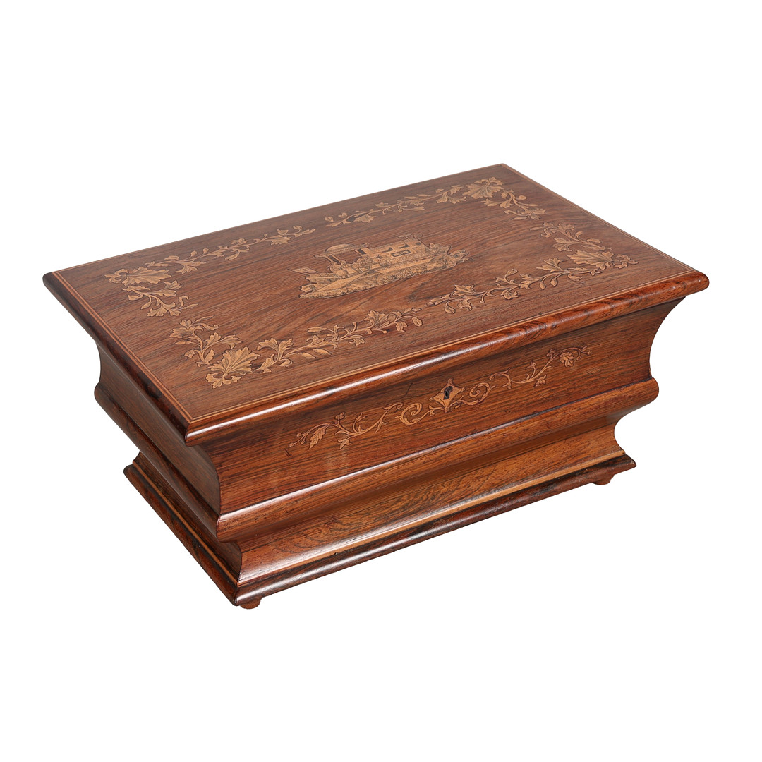 A 19TH CENTURY ROSEWOOD AND MARQUETRY INLAID BOX.