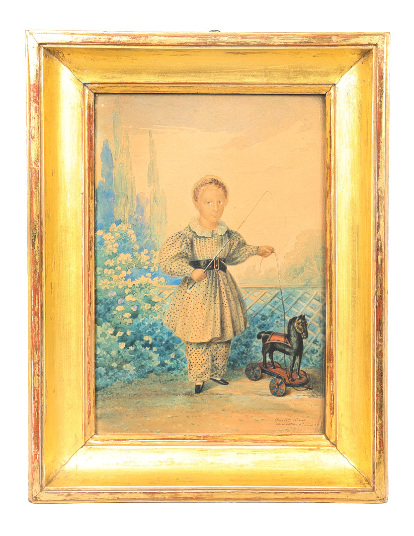 18TH CENTURY CONTINENTAL NAIVE PORTRAIT OF A CHILD WITH TOY HORSE.