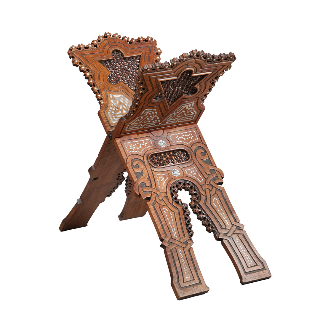 A LATE 19TH CENTURY INDIAN HOSHIAPUR IVORY INLAID WOODEN QURAN STAND.