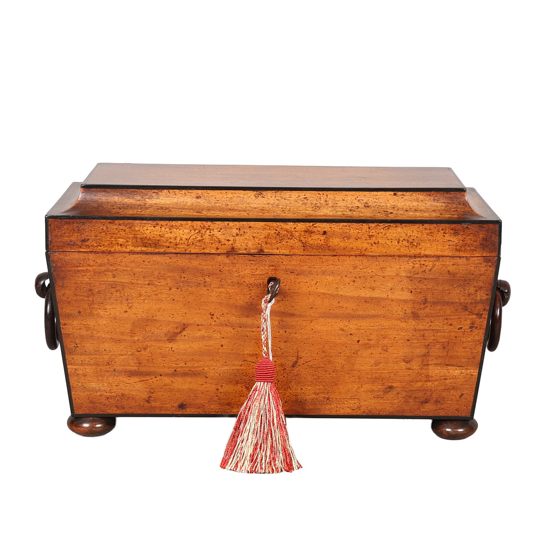 A GOOD GEORGE III SATINWOOD SARCOPHAGUS SHAPED TEA CADDY.