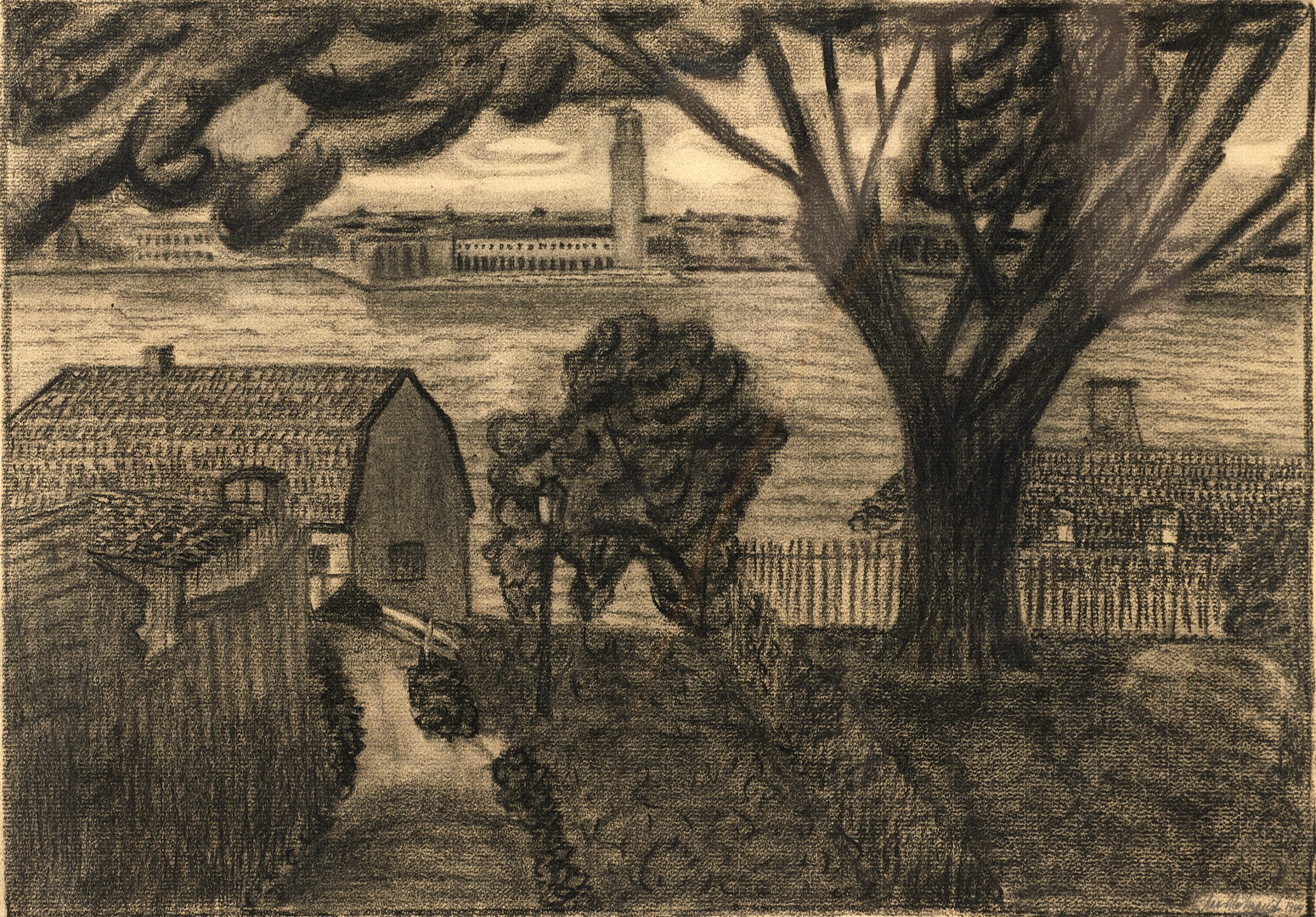 OIDENTIFIERAD KONSTNÄR. Utsikt från Södermalm-Stockholm, otydlig signatur daterad 1944, kolkrita.