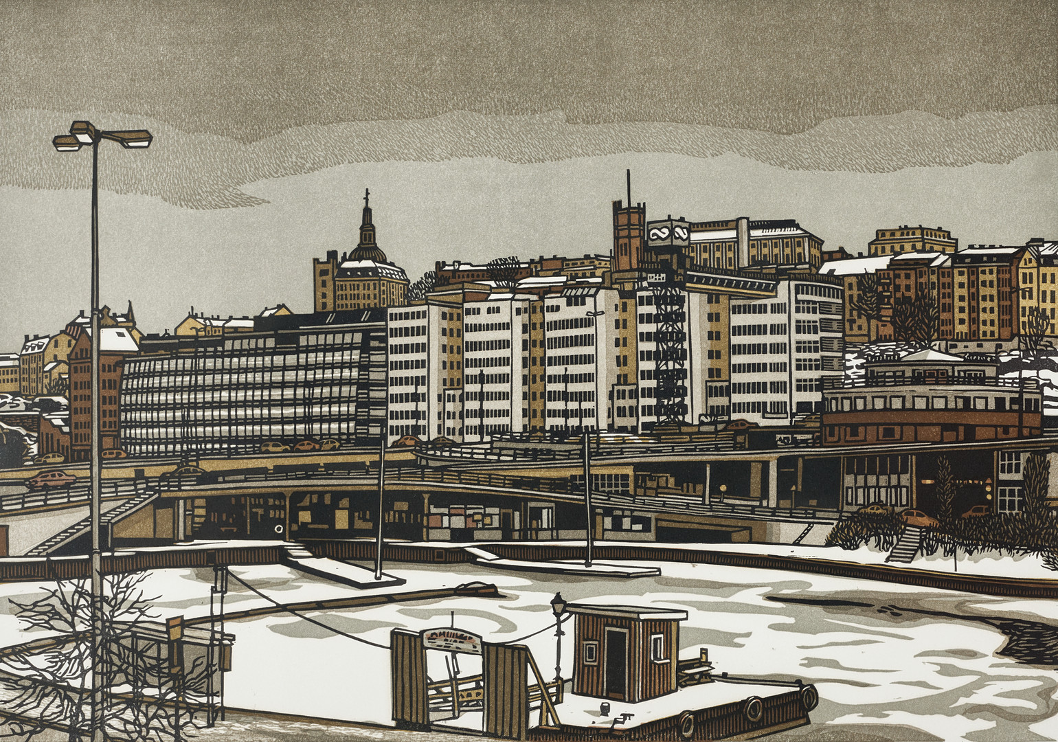 SVENOLOV EHRÉN. Vy över slussen, Stockholm, signerad, daterad 80, numrerad 159/360, träsnitt.