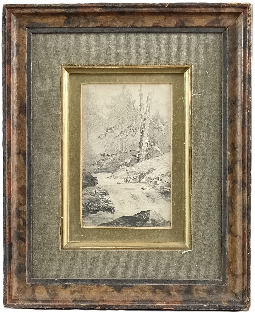 FRESENIUS, RICHARD. Waldlandschaft mit Bachlauf, Bleistift auf Papier.