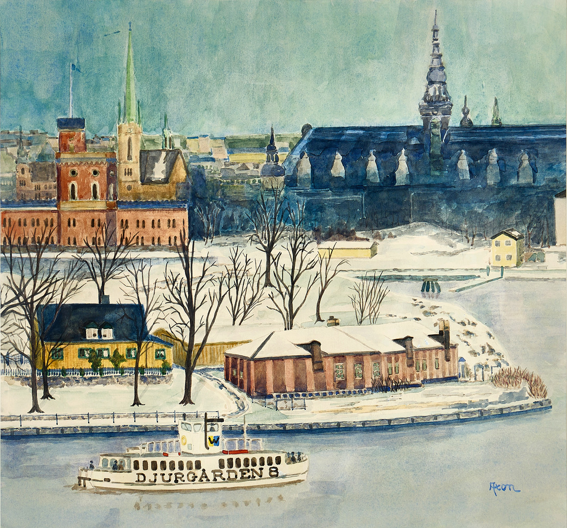 OIDENTIFIERAD KONSTNÄR. Vy över Stockholm med Djurgårdsfärja i förgrunden, signerad Axson, akvarell på papper.