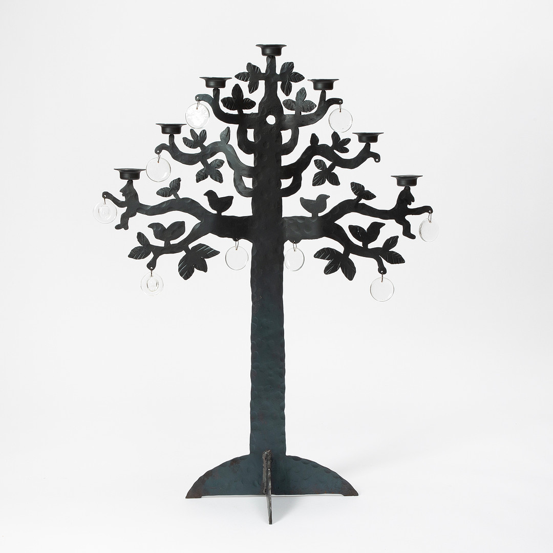 BERTIL VALLIEN. "Livets träd", golvljusstake, smide och glas.
