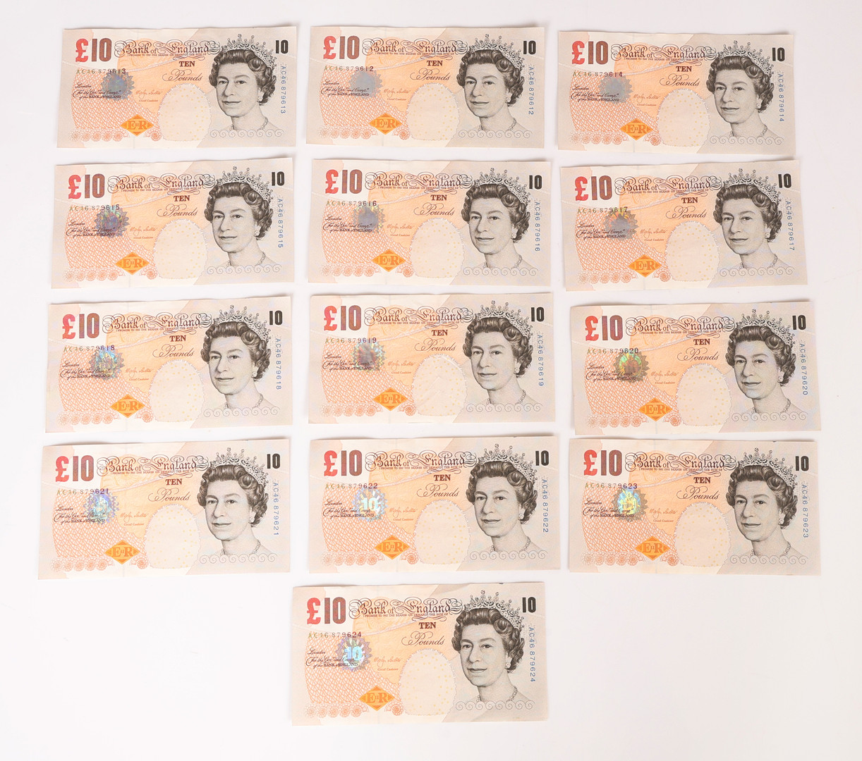 THIRTEEN BANK OF ENGLAND, MERLYN LOWTHER, £10 CONSECUTIVE UNCIRCULATED BANKNOTES (13).
