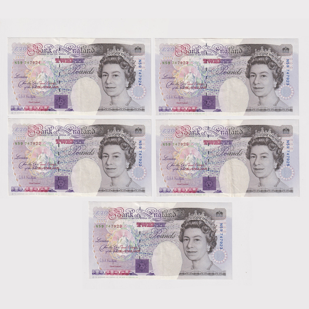 FIVE BANK OF ENGLAND GRAHAM E. A. KENTFIELD £20 CONSECUTIVE UNCIRCULATED BANKNOTES (5).
