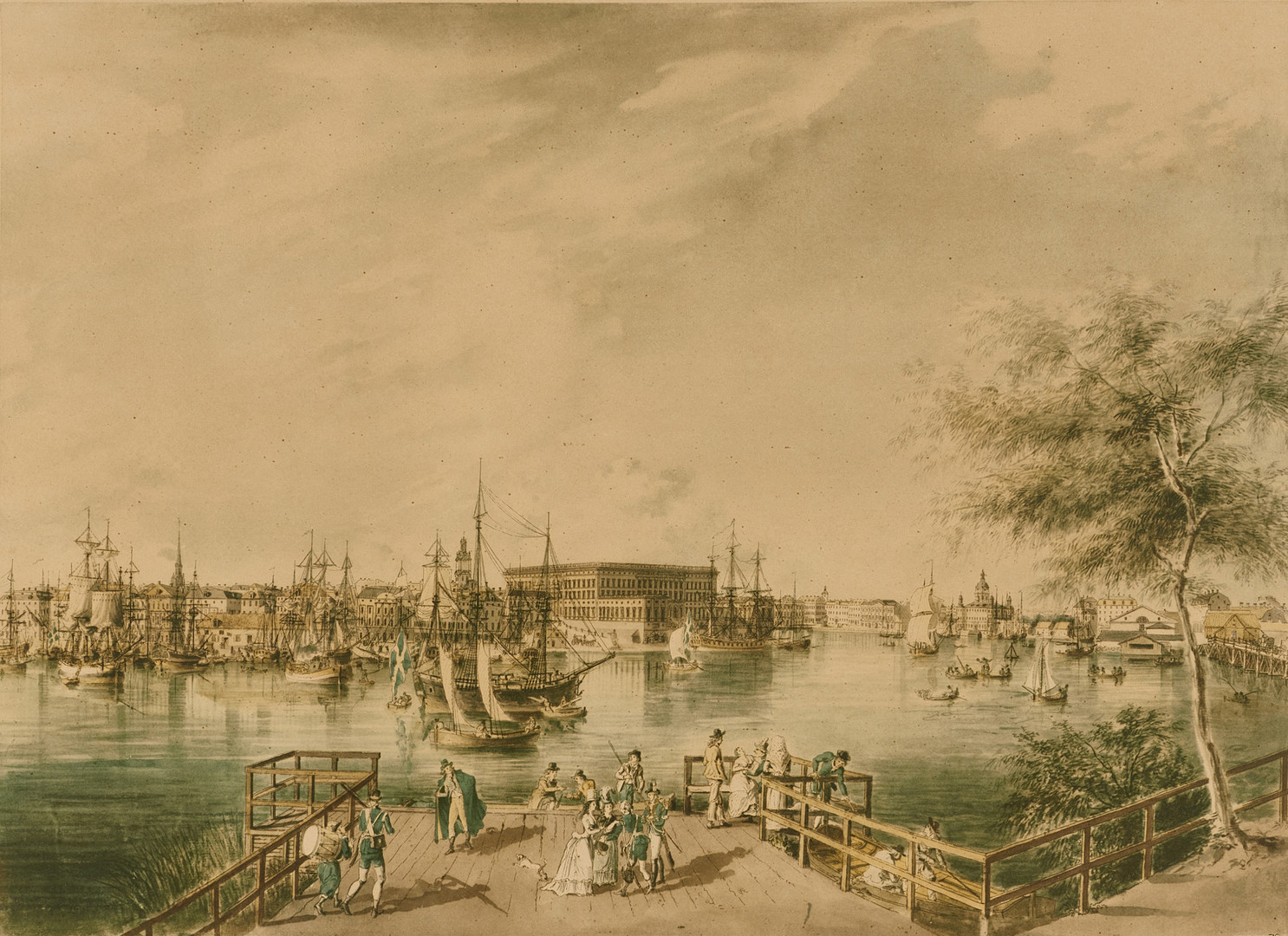 STOCKHOLMIANA, Elias Martin efter, "Utsigt af Stockholm från skeppsholms bryggan", Vepe, 1900-tal. tryck efter målning, Gästriklands Auktionskammare Bilder.