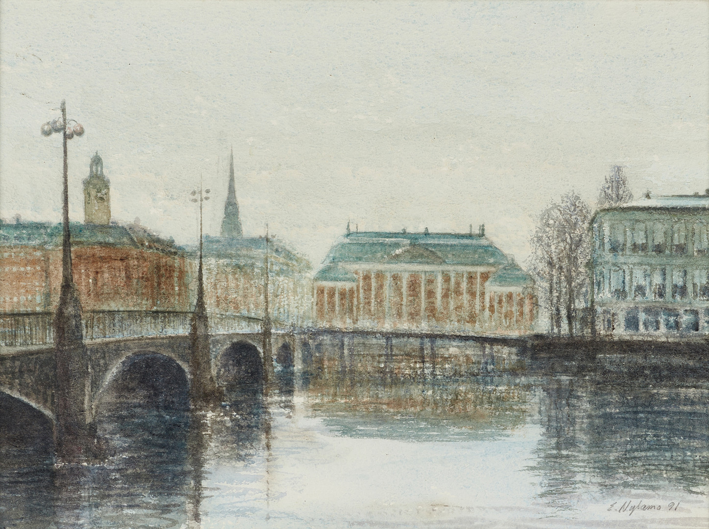ERKKI NYLAMO (FÖDD 1942). Stockholmsvy över Riddarhuset, signerad och daterad 91, akvarell.