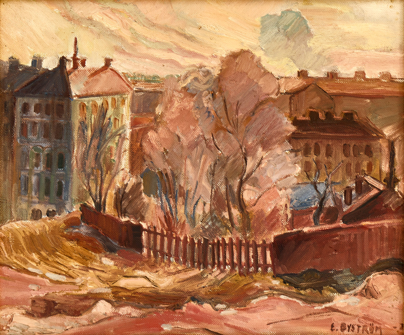 ERIK BYSTRÖM (1902-1988). Stockholmsbild, signerad, daterad 1920-tal, olja på pannå.