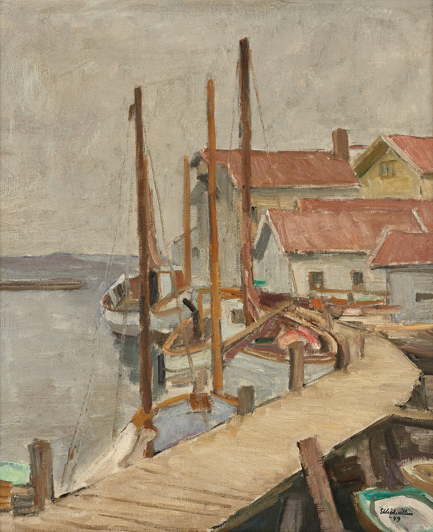 ELLIS WALLIN (1888-1972). "Motiv från långbryggan i Grundsund, Bohuslän", signerad och daterad -49, olja på duk.